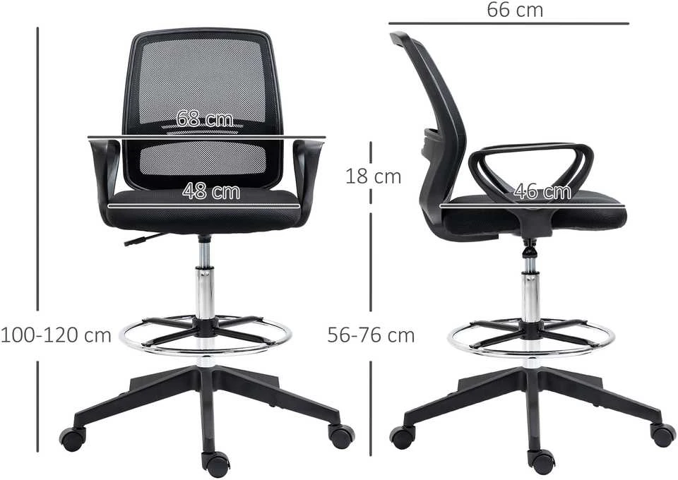 Vinsetto darbo kėdė, ergonomiška sukamoji kėdė, biuro kėdė, reguliuojamo aukščio stovimoji kėdė, kojų atrama, metalas, juoda, 59,5x60x102,5–126 cm