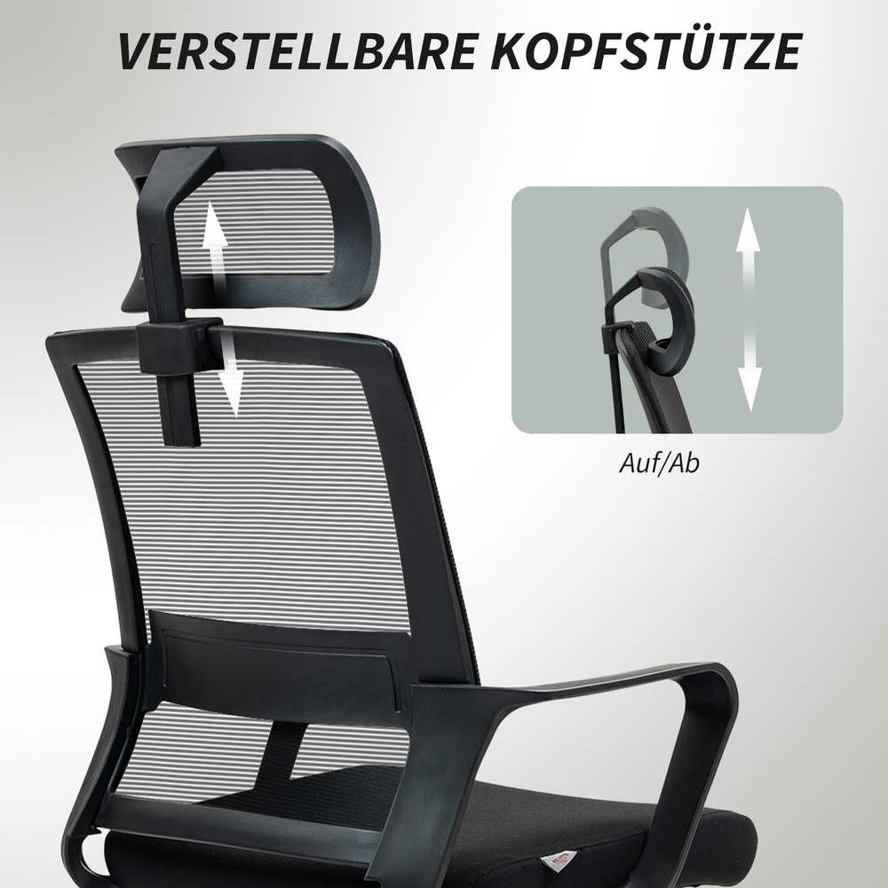 HOMCOM ergonominė biuro kėdė su porankiais, reguliuojama galvos atrama, tinkleliu ir supimosi funkcija, juoda