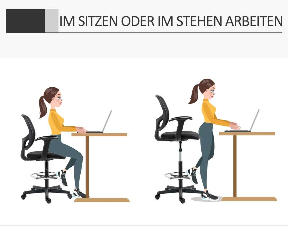 Vinsetto ergonominė biuro kėdė, darbo kėdė, sukamoji kėdė, kėdė piešimui, reguliuojamas kojų žiedas, iki 120 kg, juoda, 60x56x110-132 cm
