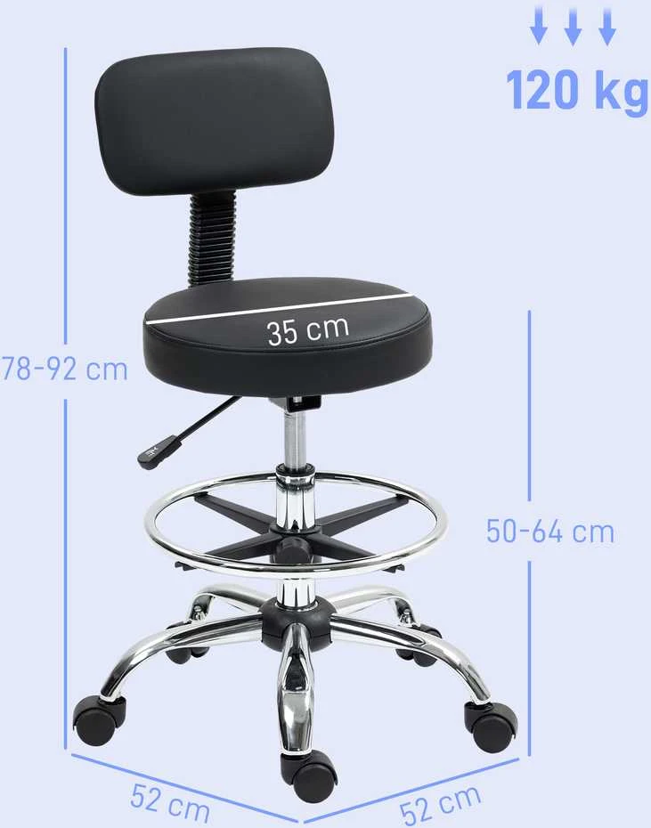Biuro kėdė HOMCOM, ergonomiška piešimo kėdė, reguliuojamo aukščio kompiuterio kėdė su kojų atrama, rašomojo stalo kėdė, sukama kėdė svetainei, biurui, dirbtinė oda, juoda