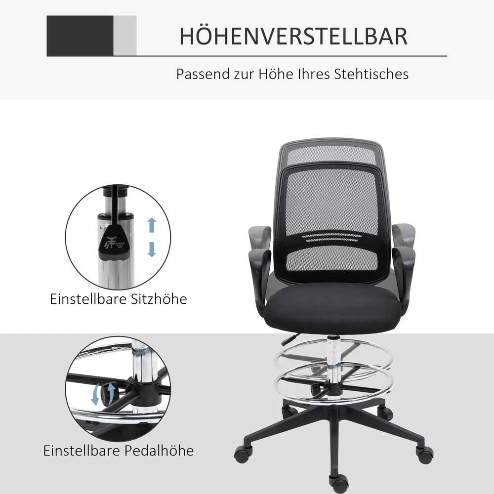 Vinsetto darbo kėdė, ergonomiška sukamoji kėdė, biuro kėdė, reguliuojamo aukščio stovimoji kėdė, kojų atrama, metalas, juoda, 59,5x60x102,5–126 cm