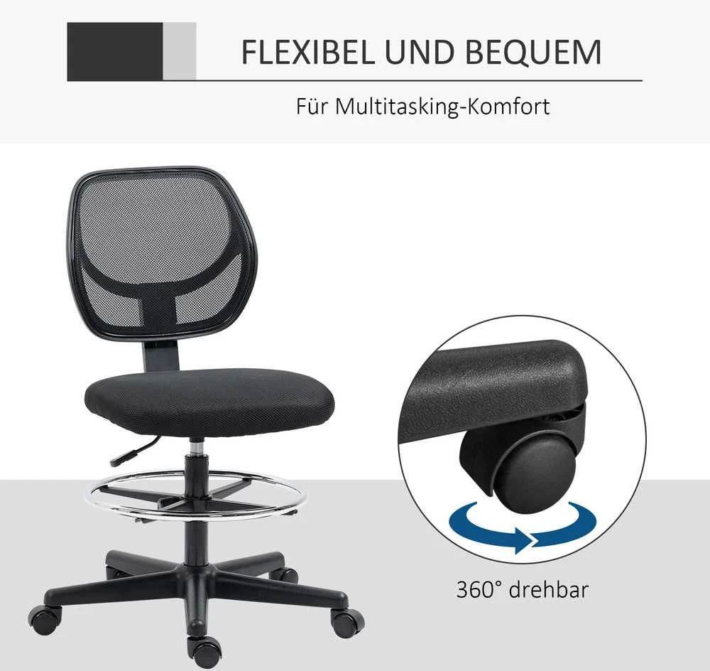 Vinsetto biuro kėdė ergonomiška pasukama kėdė su reguliuojamu kojų žiedu, reguliuojamo aukščio 93-113 cm, su ratukais, juoda