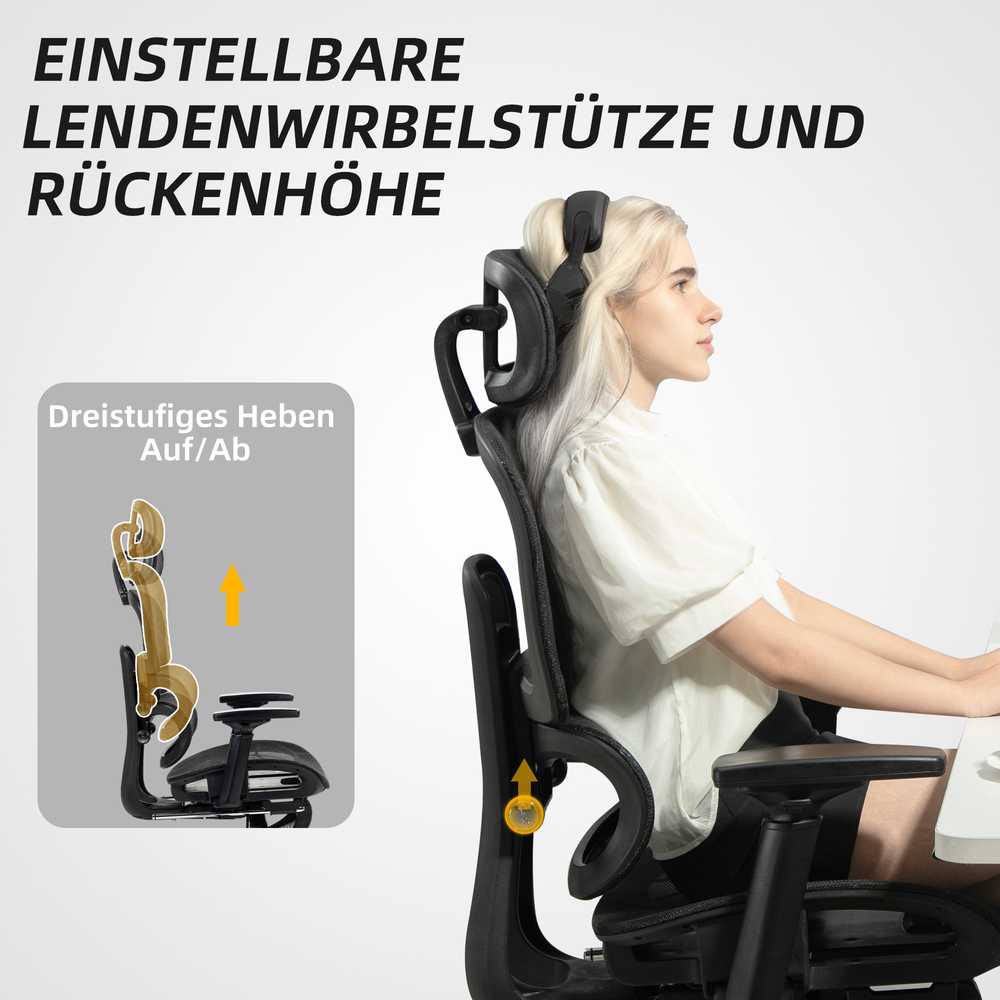 HOMCOM ergonominė biuro kėdė su porankiais, galvos atrama, juosmens atrama, reguliuojamo aukščio tinkline pasukama kėdė su supimosi funkcija, atlošimo funkcija, kojų atrama, juoda