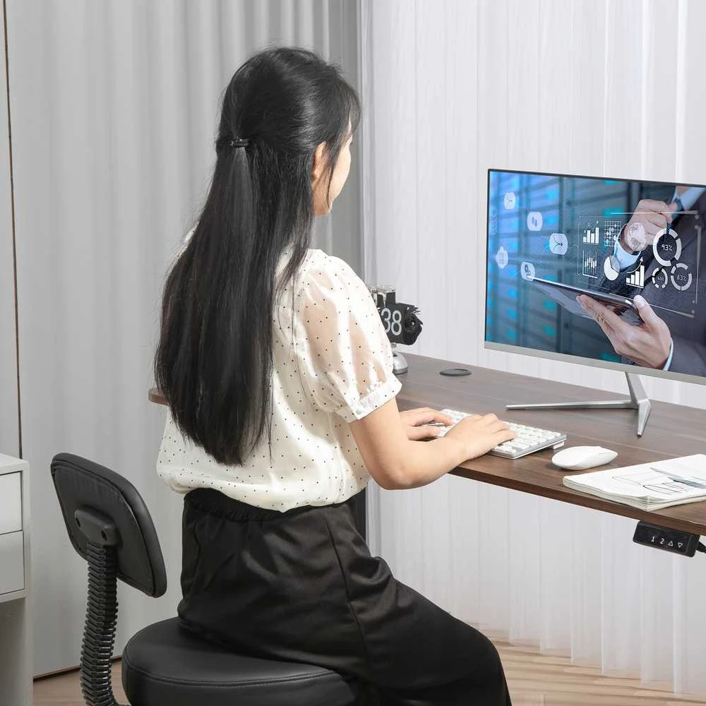 Biuro kėdė HOMCOM, ergonomiška piešimo kėdė, reguliuojamo aukščio kompiuterio kėdė su kojų atrama, rašomojo stalo kėdė, sukama kėdė svetainei, biurui, dirbtinė oda, juoda