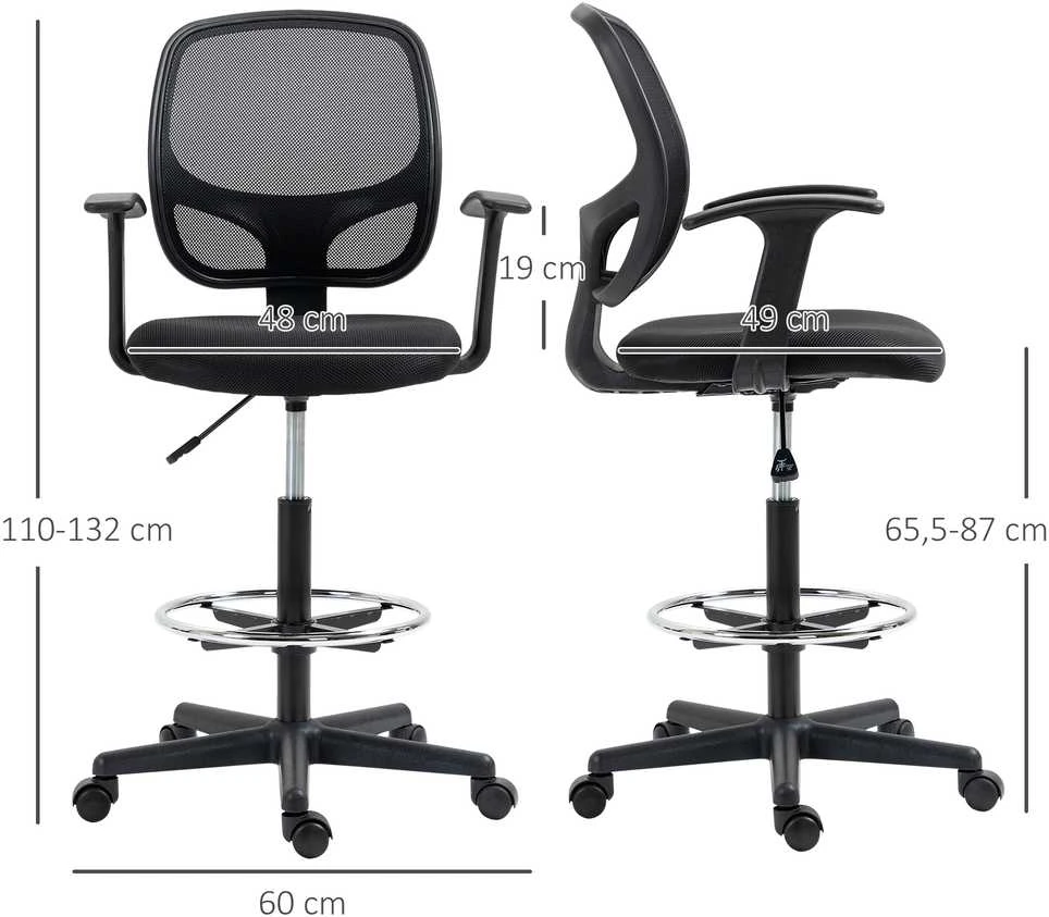 Vinsetto ergonominė biuro kėdė, darbo kėdė, sukamoji kėdė, kėdė piešimui, reguliuojamas kojų žiedas, iki 120 kg, juoda, 60x56x110-132 cm