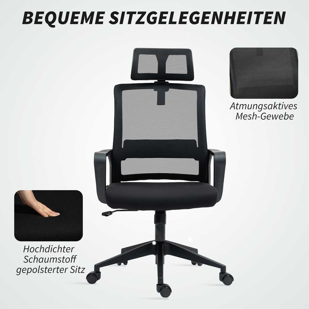 HOMCOM ergonominė biuro kėdė su porankiais, reguliuojama galvos atrama, tinkleliu ir supimosi funkcija, juoda