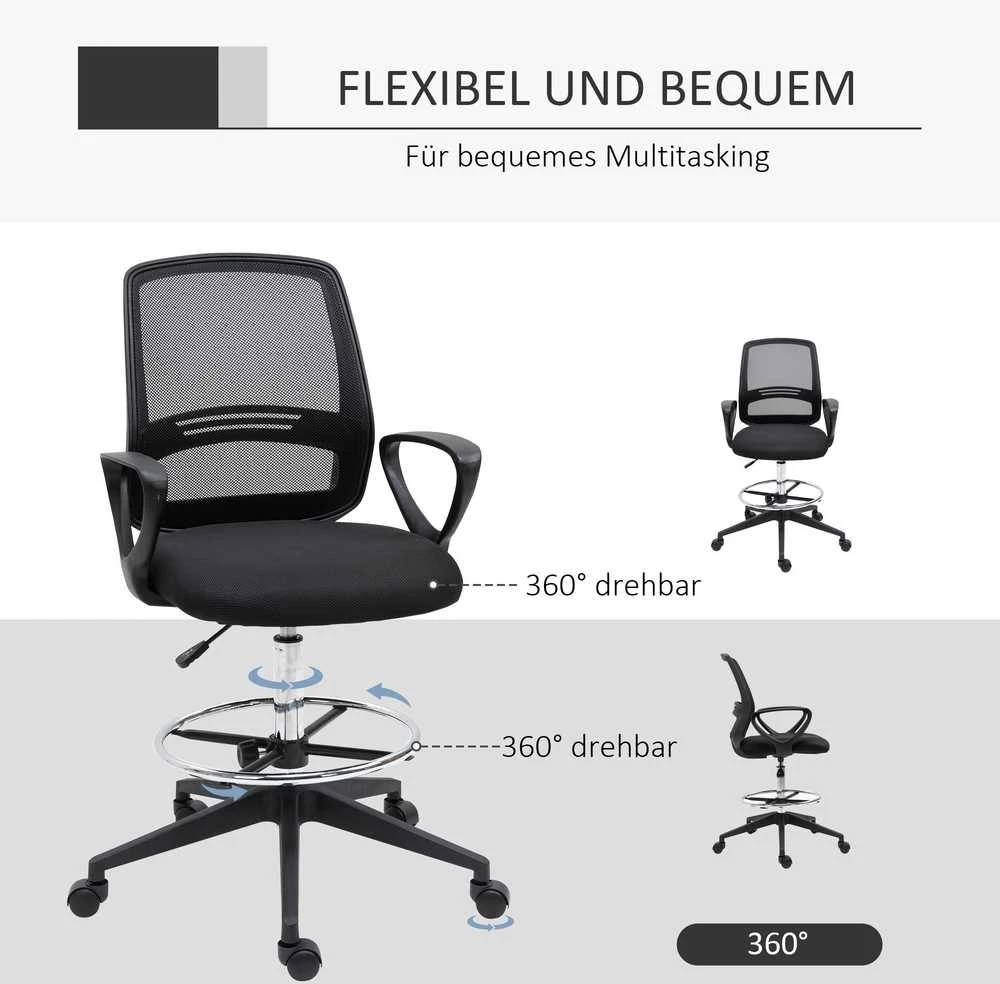 Vinsetto darbo kėdė, ergonomiška sukamoji kėdė, biuro kėdė, reguliuojamo aukščio stovimoji kėdė, kojų atrama, metalas, juoda, 59,5x60x102,5–126 cm
