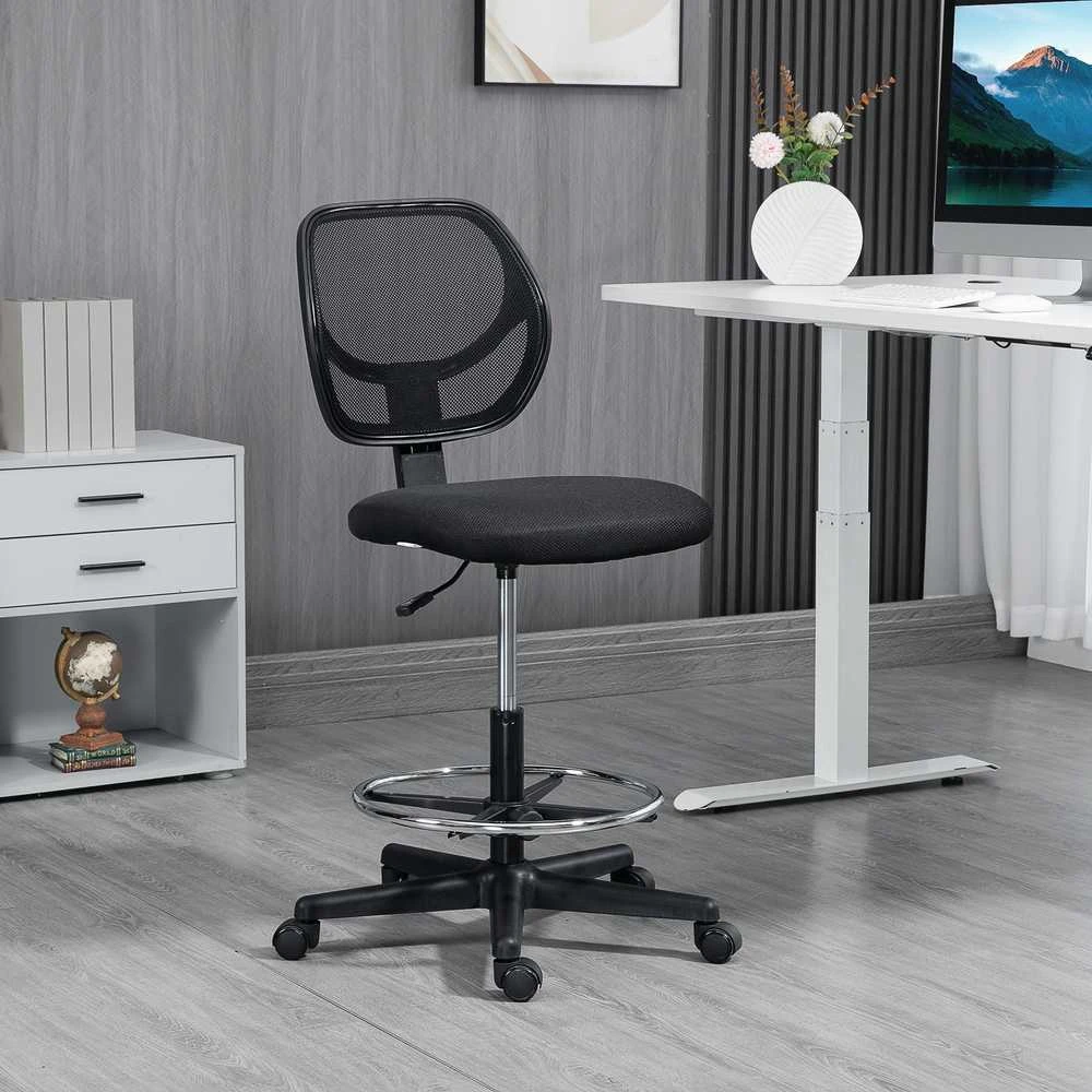 Vinsetto biuro kėdė ergonomiška pasukama kėdė su reguliuojamu kojų žiedu, reguliuojamo aukščio 93-113 cm, su ratukais, juoda