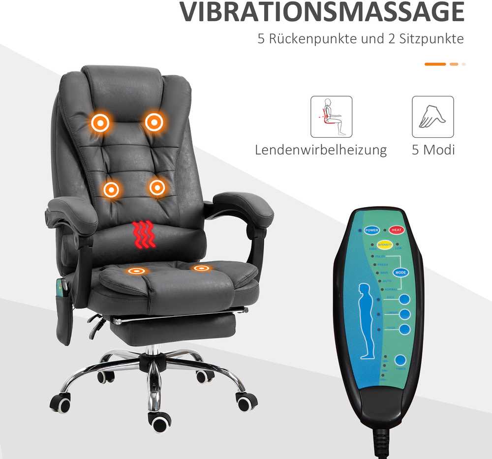 „Vinsetto“ darbo kėdė su masažo funkcija, ergonomiška kėdė su atlošimo ir šildymo funkcijomis, kompiuterio kėdė su kojų atrama, reguliuojamo aukščio, pilka