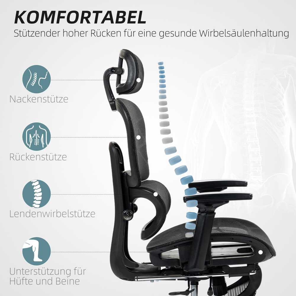 HOMCOM ergonominė biuro kėdė su porankiais, galvos atrama, juosmens atrama, reguliuojamo aukščio tinkline pasukama kėdė su supimosi funkcija, atlošimo funkcija, kojų atrama, juoda