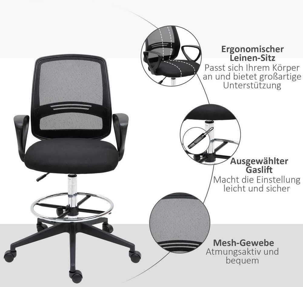 Vinsetto darbo kėdė, ergonomiška sukamoji kėdė, biuro kėdė, reguliuojamo aukščio stovimoji kėdė, kojų atrama, metalas, juoda, 59,5x60x102,5–126 cm