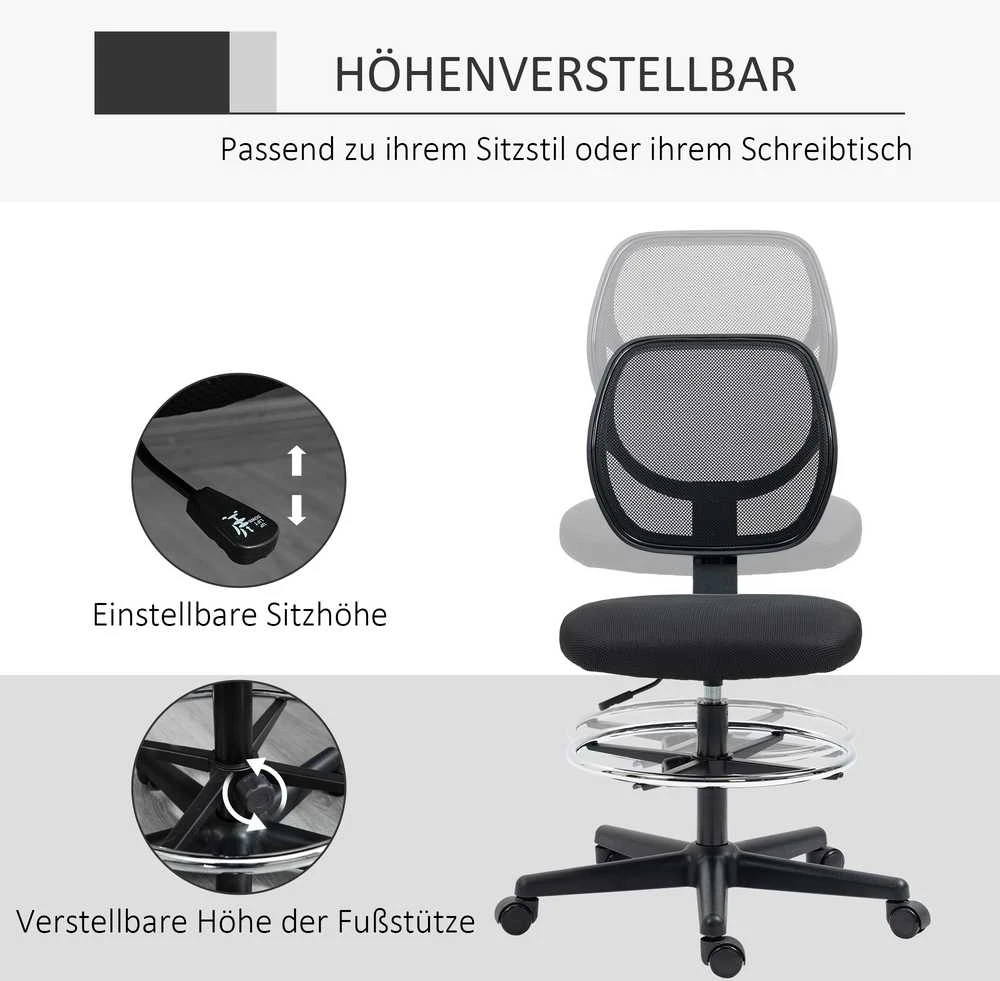 Vinsetto biuro kėdė ergonomiška pasukama kėdė su reguliuojamu kojų žiedu, reguliuojamo aukščio 93-113 cm, su ratukais, juoda