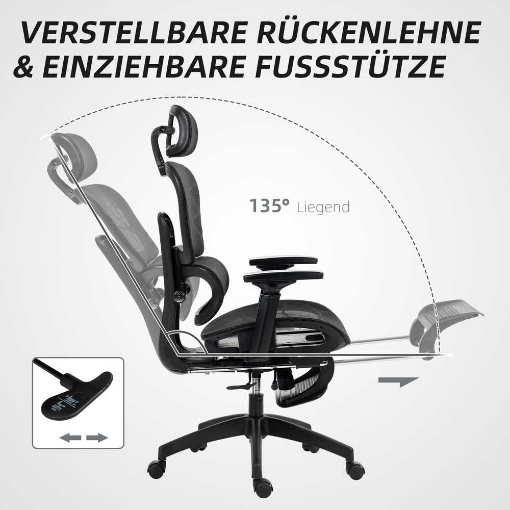HOMCOM ergonominė biuro kėdė su porankiais, galvos atrama, juosmens atrama, reguliuojamo aukščio tinkline pasukama kėdė su supimosi funkcija, atlošimo funkcija, kojų atrama, juoda