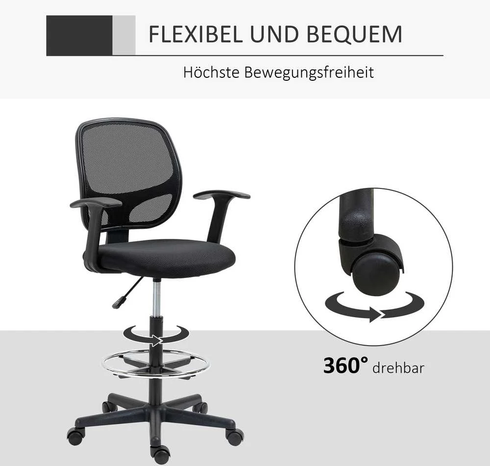 Vinsetto ergonominė biuro kėdė, darbo kėdė, sukamoji kėdė, kėdė piešimui, reguliuojamas kojų žiedas, iki 120 kg, juoda, 60x56x110-132 cm