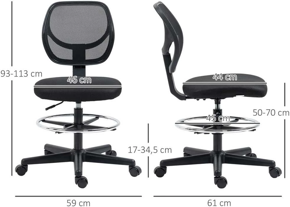 Vinsetto biuro kėdė ergonomiška pasukama kėdė su reguliuojamu kojų žiedu, reguliuojamo aukščio 93-113 cm, su ratukais, juoda