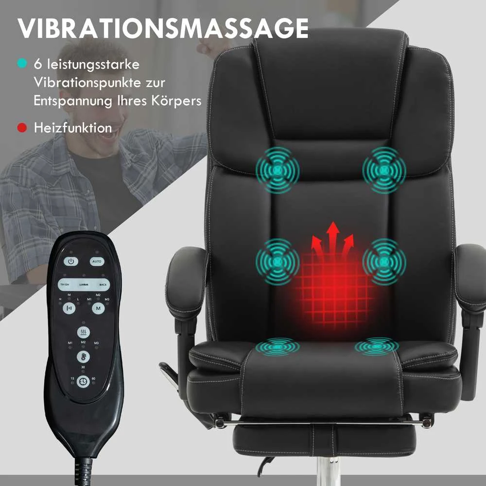 Vinsetto biuro kėdė su vibraciniu masažu, ergonomiška darbo kėdė su šildymo ir atlošimo funkcija, reguliuojamo aukščio vadovo kėdė su kojų atrama, šonine kišene, dirbtinė oda, juoda