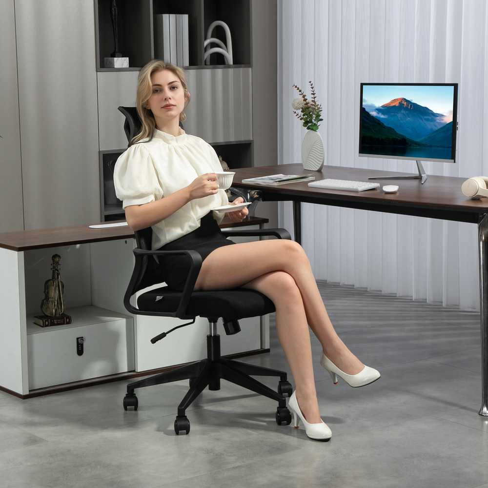 HOMCOM ergonominė biuro kėdė su porankiais, reguliuojama galvos atrama, tinkleliu ir supimosi funkcija, juoda