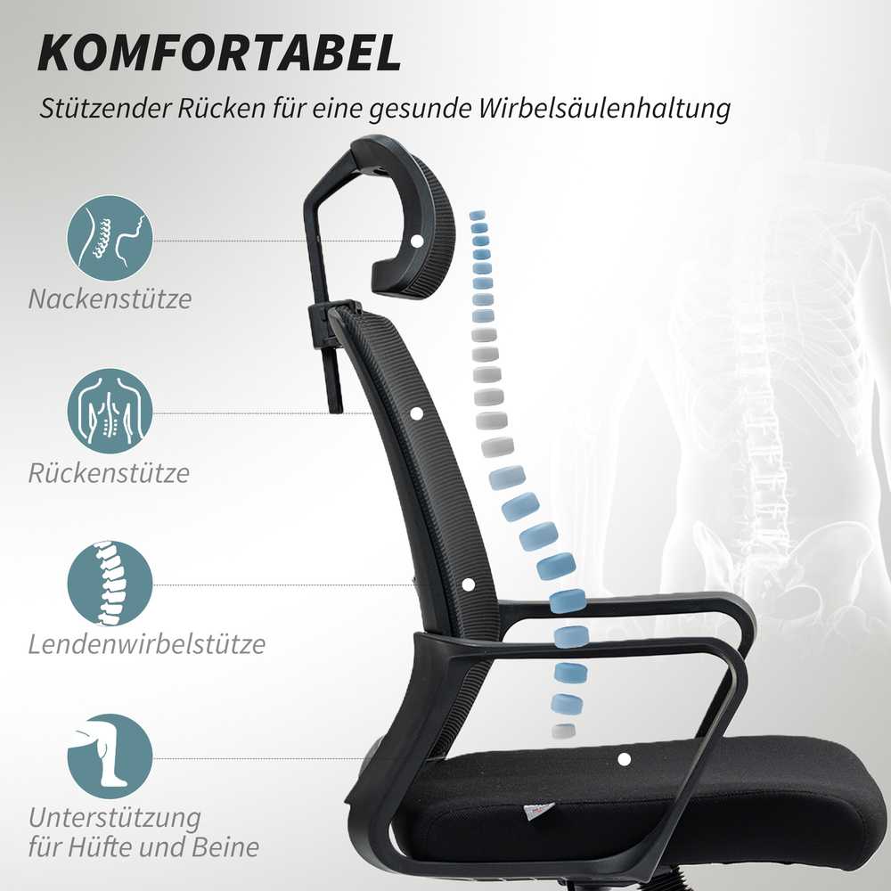 HOMCOM ergonominė biuro kėdė su porankiais, reguliuojama galvos atrama, tinkleliu ir supimosi funkcija, juoda