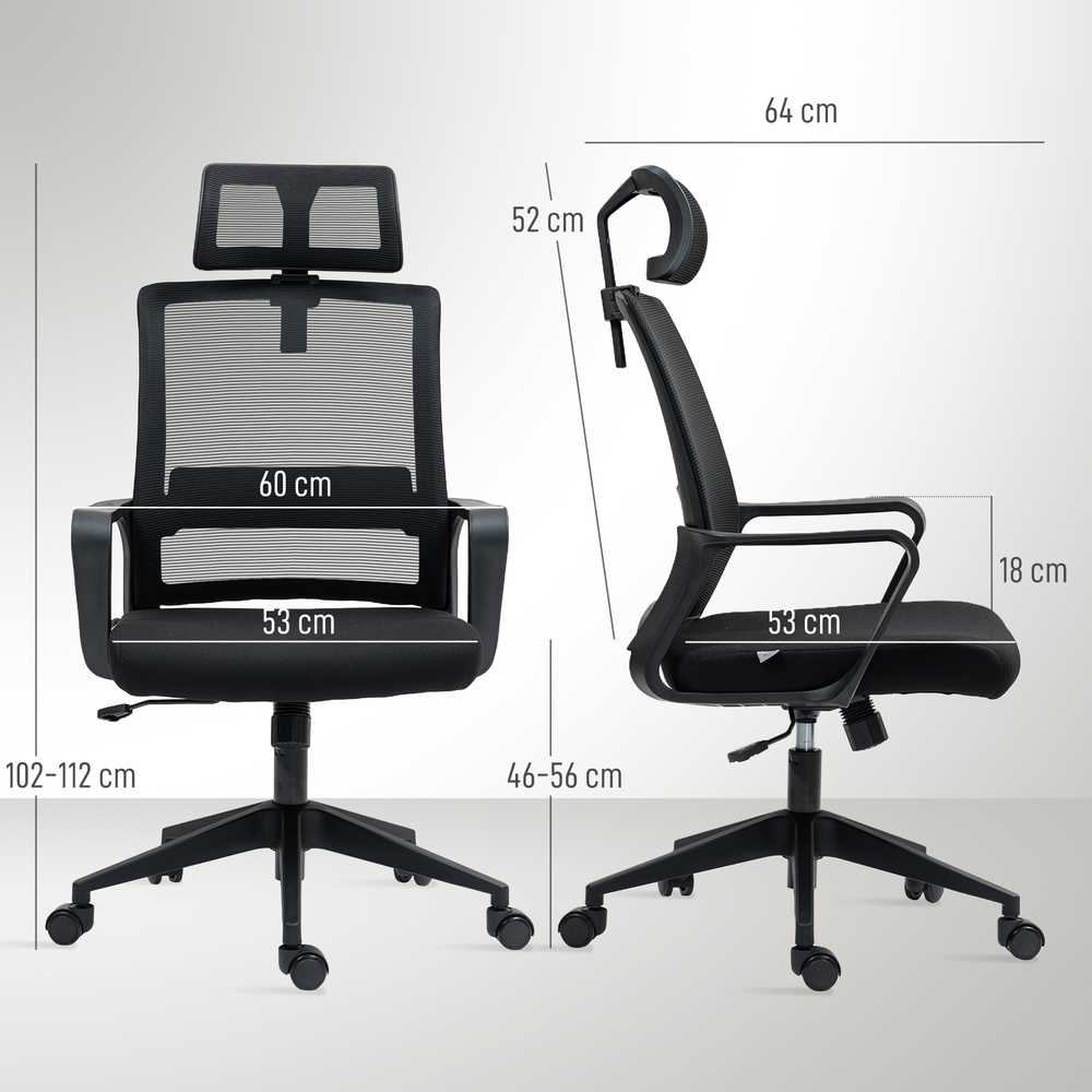 HOMCOM ergonominė biuro kėdė su porankiais, reguliuojama galvos atrama, tinkleliu ir supimosi funkcija, juoda