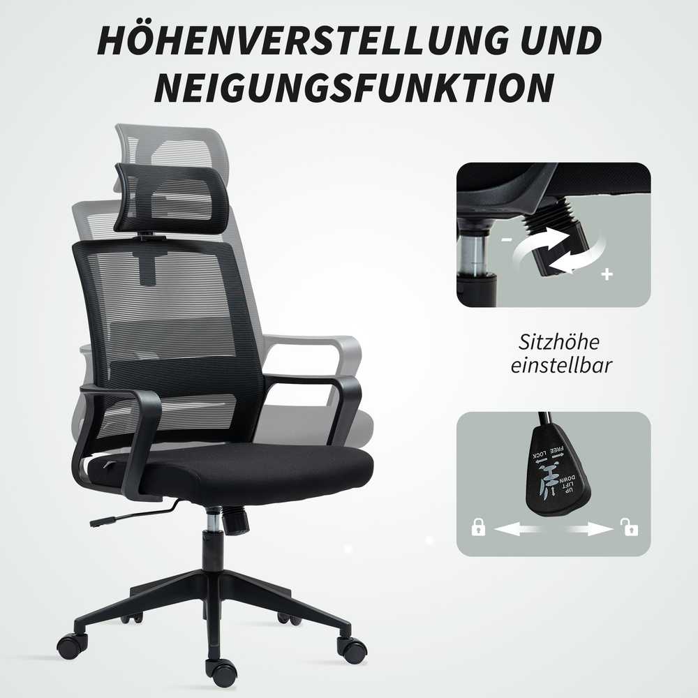 HOMCOM ergonominė biuro kėdė su porankiais, reguliuojama galvos atrama, tinkleliu ir supimosi funkcija, juoda