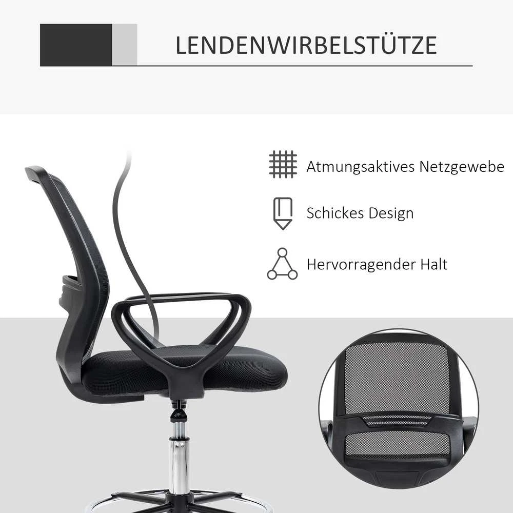 Vinsetto darbo kėdė, ergonomiška sukamoji kėdė, biuro kėdė, reguliuojamo aukščio stovimoji kėdė, kojų atrama, metalas, juoda, 59,5x60x102,5–126 cm