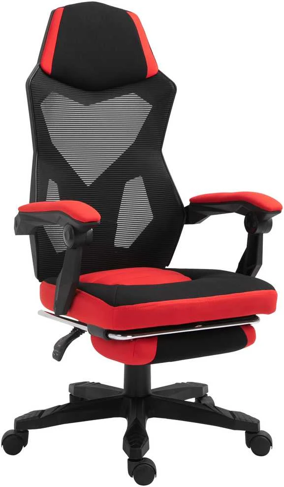 Vinsetto žaidimų kėdė, darbo kėdė, ergonomiška biuro kėdė su kojų atrama, reguliuojamo aukščio, poliesteris, juoda+raudona, 58 x 72 x 112–122 cm