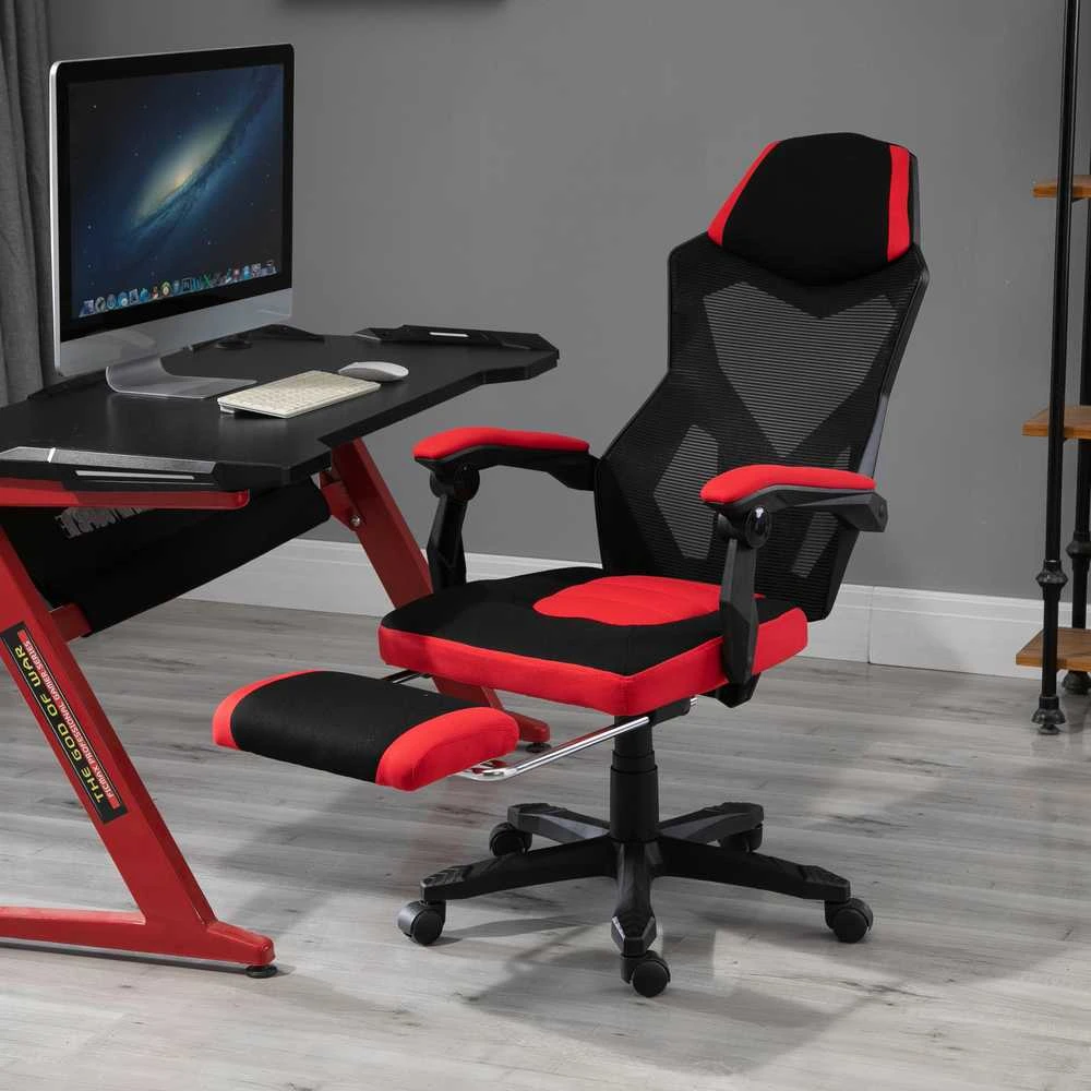 Vinsetto žaidimų kėdė, darbo kėdė, ergonomiška biuro kėdė su kojų atrama, reguliuojamo aukščio, poliesteris, juoda+raudona, 58 x 72 x 112–122 cm