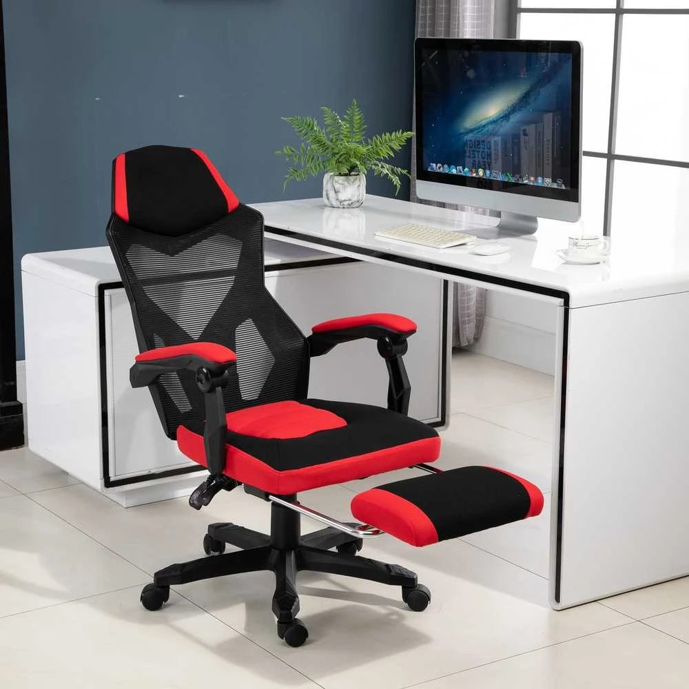Vinsetto žaidimų kėdė, darbo kėdė, ergonomiška biuro kėdė su kojų atrama, reguliuojamo aukščio, poliesteris, juoda+raudona, 58 x 72 x 112–122 cm