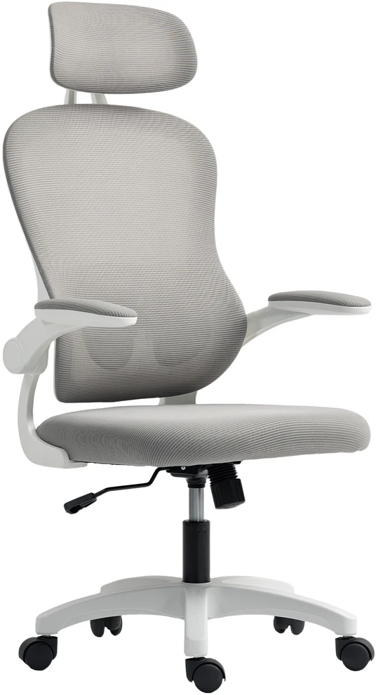 HOMCOM ergonominė biuro kėdė su tinklelio atlošu, reguliuojamu aukščiu, atlenkiamais porankiais, 5 ratukais, supimosi funkcija, pilka