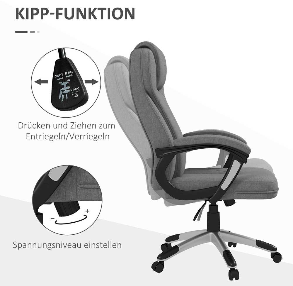 Vinsetto biuro kėdė, ergonomiška kompiuterinė kėdė su supimosi funkcija, reguliuojamu aukščiu, galvos atrama, porankiais, pilka, lininis audinys, 66x75x110–120 cm