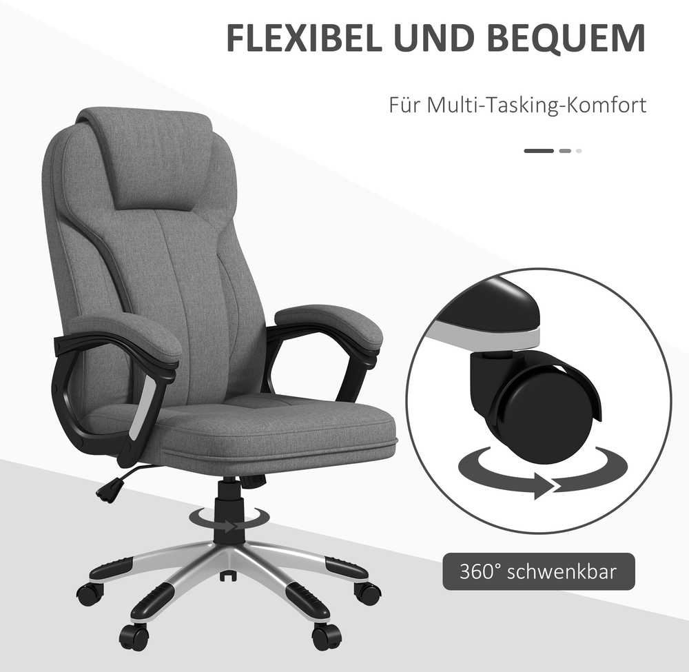 Vinsetto biuro kėdė, ergonomiška kompiuterinė kėdė su supimosi funkcija, reguliuojamu aukščiu, galvos atrama, porankiais, pilka, lininis audinys, 66x75x110–120 cm