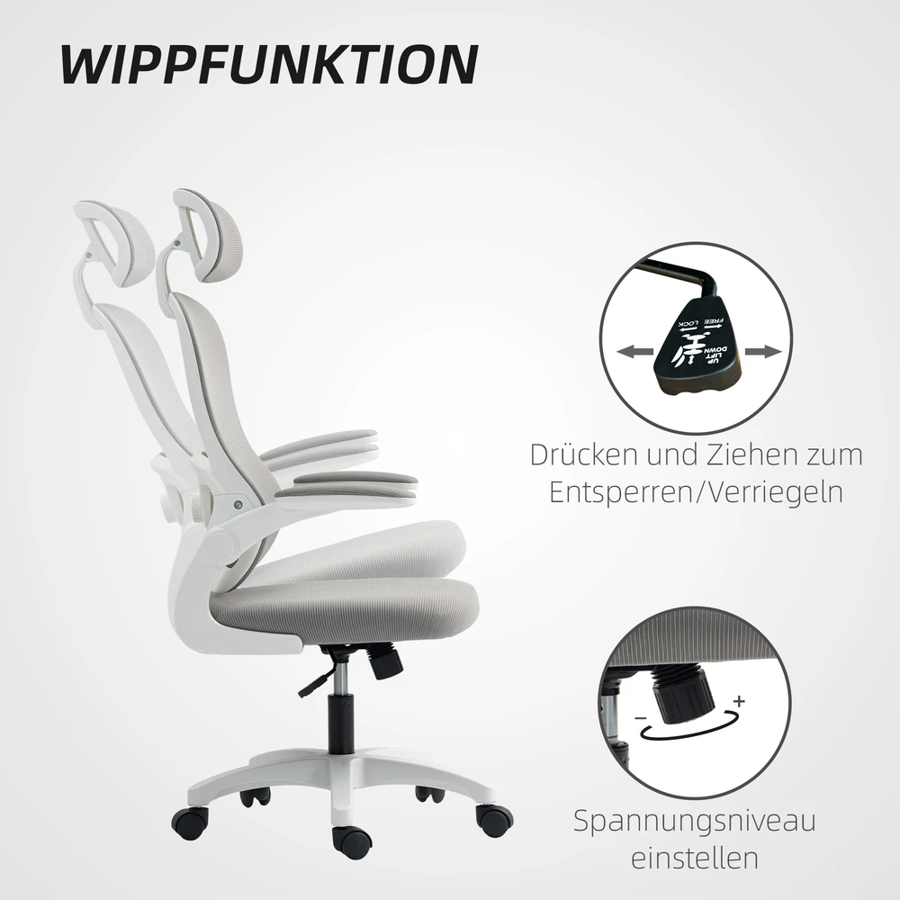 HOMCOM ergonominė biuro kėdė su tinklelio atlošu, reguliuojamu aukščiu, atlenkiamais porankiais, 5 ratukais, supimosi funkcija, pilka