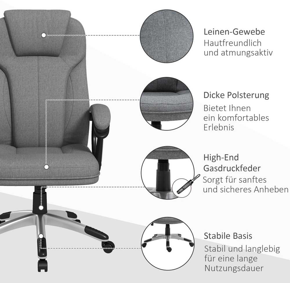 Vinsetto biuro kėdė, ergonomiška kompiuterinė kėdė su supimosi funkcija, reguliuojamu aukščiu, galvos atrama, porankiais, pilka, lininis audinys, 66x75x110–120 cm