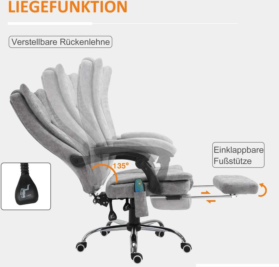 Vinsetto masažinė biuro kėdė, masažinis krėslas su šildymo, atlošimo ir masažo funkcijomis, su kojų atrama, minkštas paminkštinimas, pilka, 62 x 67 x 113-120 cm