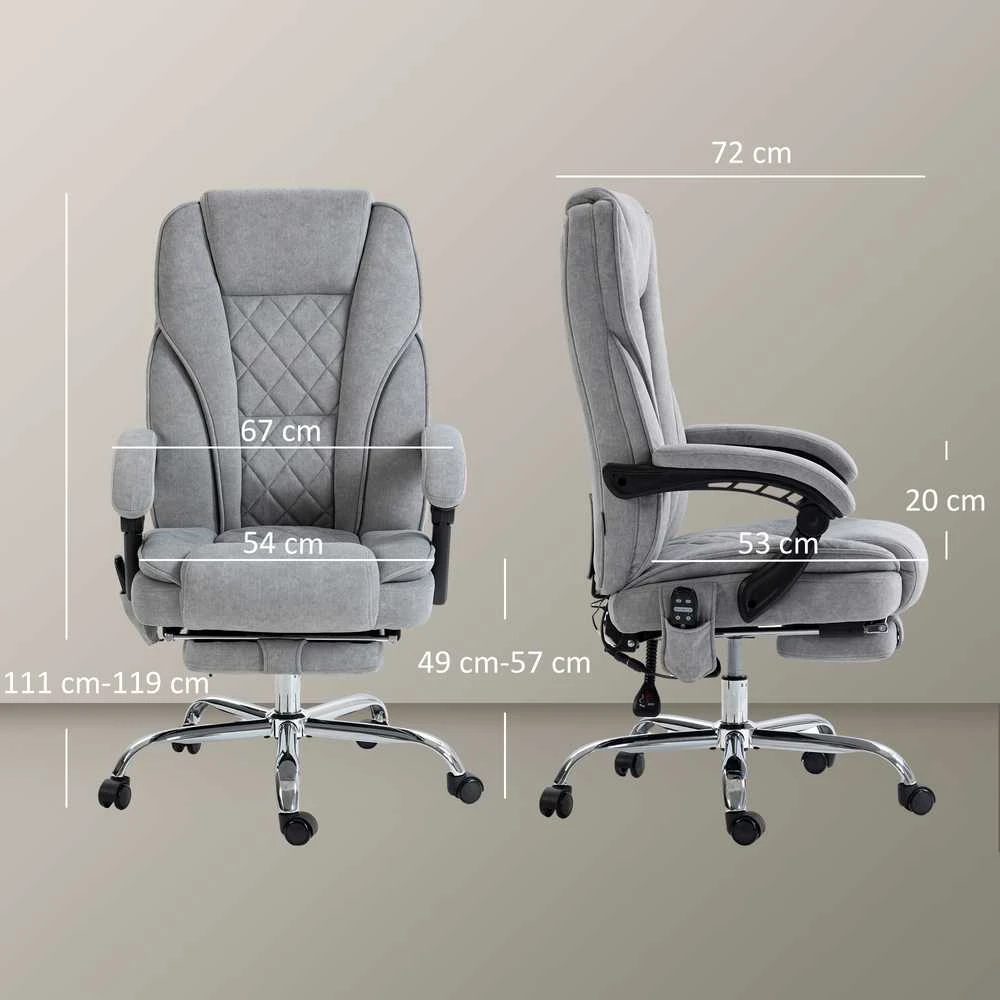 Vinsetto biuro kėdė su vibraciniu masažu, ergonomiška darbo kėdė su atlošimo funkcija, šildymu, reguliuojamo aukščio pasukama kėdė su kojų atrama, nuotolinio valdymo pultu, šonine kišene, pilka
