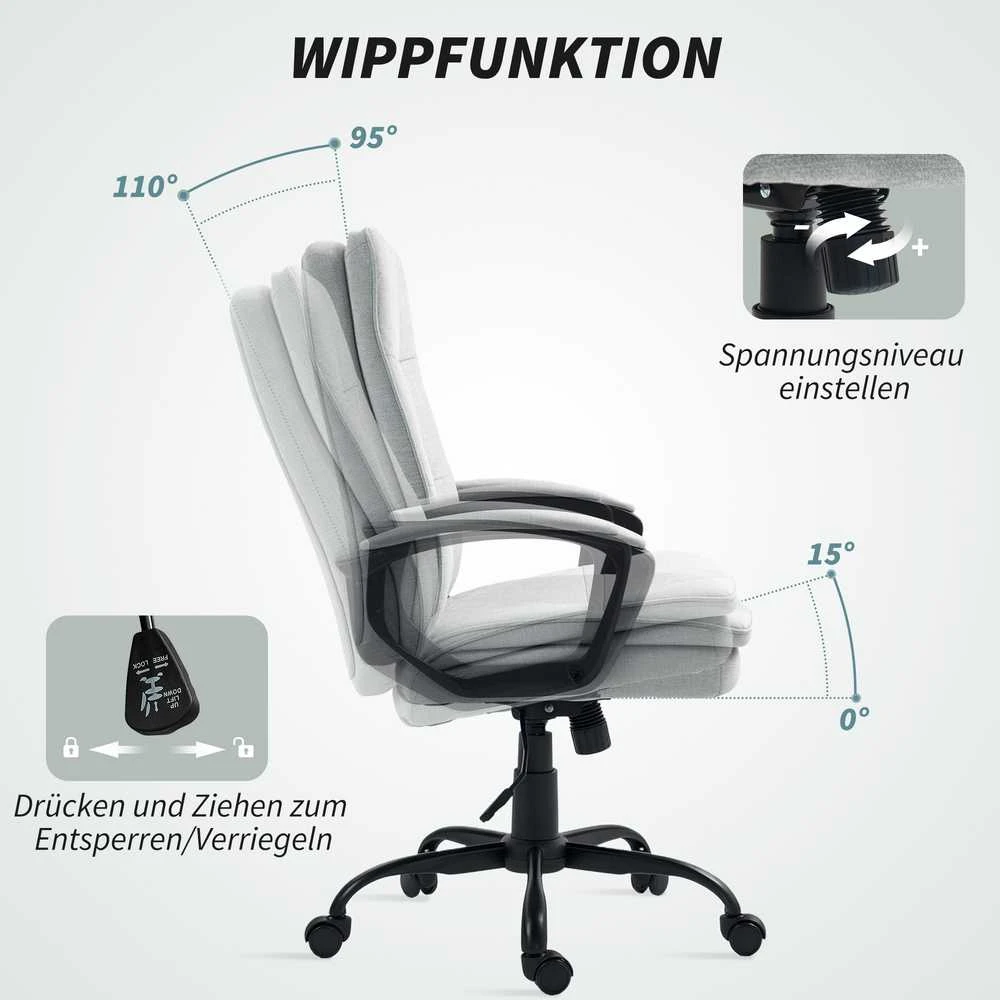 HOMCOM biuro kėdė, ergonomiška darbo kėdė su porankiais, reguliuojamo aukščio sukama kėdė su supimosi funkcija, lininio audinio išvaizda, paminkštinta kompiuterio kėdė, pilka
