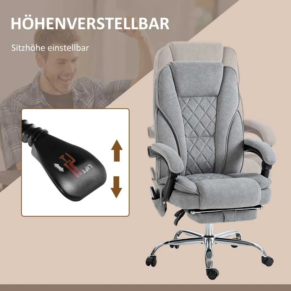 Vinsetto biuro kėdė su vibraciniu masažu, ergonomiška darbo kėdė su atlošimo funkcija, šildymu, reguliuojamo aukščio pasukama kėdė su kojų atrama, nuotolinio valdymo pultu, šonine kišene, pilka