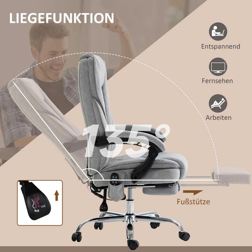 Vinsetto biuro kėdė su vibraciniu masažu, ergonomiška darbo kėdė su atlošimo funkcija, šildymu, reguliuojamo aukščio pasukama kėdė su kojų atrama, nuotolinio valdymo pultu, šonine kišene, pilka