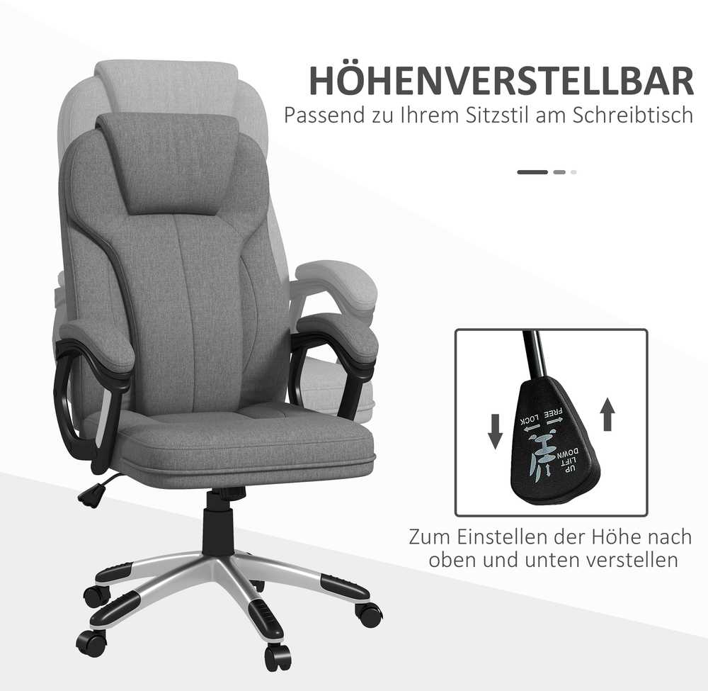 Vinsetto biuro kėdė, ergonomiška kompiuterinė kėdė su supimosi funkcija, reguliuojamu aukščiu, galvos atrama, porankiais, pilka, lininis audinys, 66x75x110–120 cm
