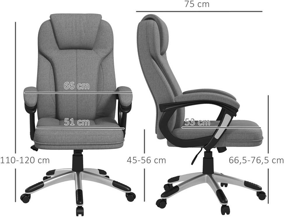 Vinsetto biuro kėdė, ergonomiška kompiuterinė kėdė su supimosi funkcija, reguliuojamu aukščiu, galvos atrama, porankiais, pilka, lininis audinys, 66x75x110–120 cm