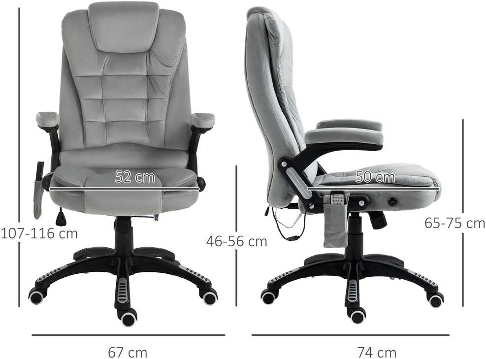 Vinsetto masažinė kėdė, biuro kėdė, žaidimų kėdė, reguliuojamo aukščio kėdė vadovams, ergonomiška, PU ratukai, pilka, 67x74x107-116 cm