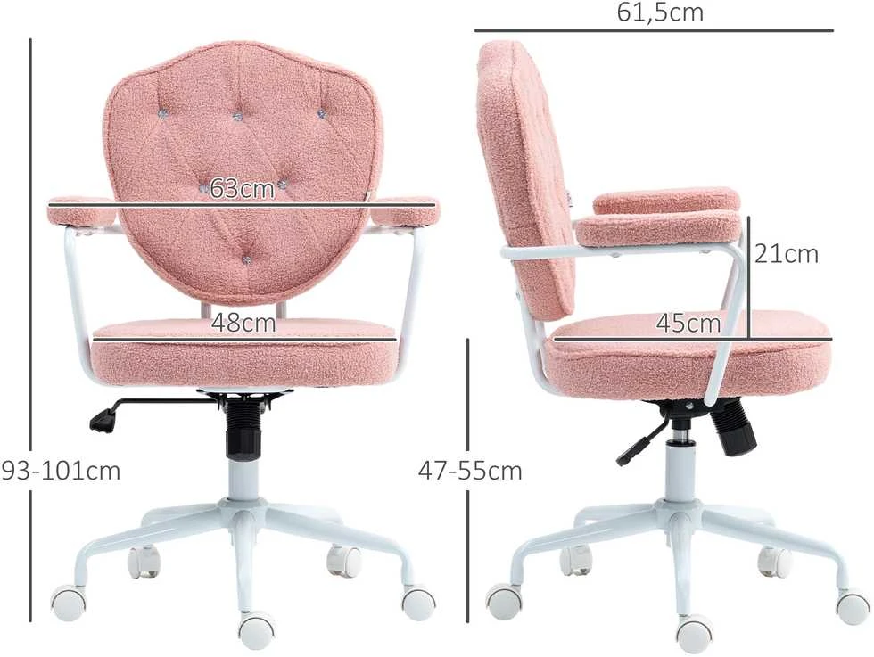 HOMCOM biuro kėdė, ergonomiška rašomojo stalo kėdė su supimosi funkcija, sagomis dekoruotas apmušalas, reguliuojamo aukščio kompiuterio kėdė su sukimosi funkcija, namų biurui, meškiuko kailio audinys, rožinė