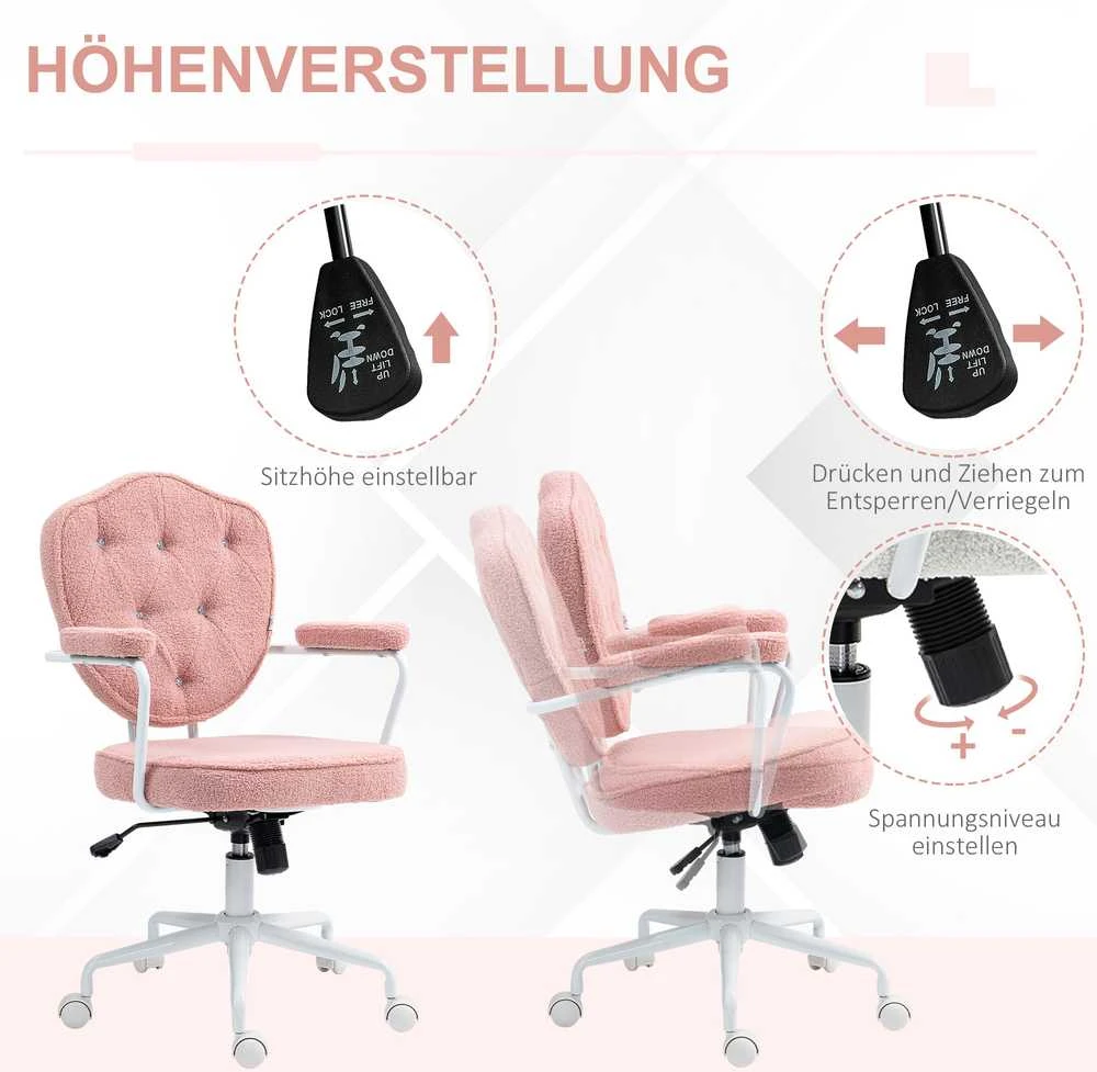 HOMCOM biuro kėdė, ergonomiška rašomojo stalo kėdė su supimosi funkcija, sagomis dekoruotas apmušalas, reguliuojamo aukščio kompiuterio kėdė su sukimosi funkcija, namų biurui, meškiuko kailio audinys, rožinė