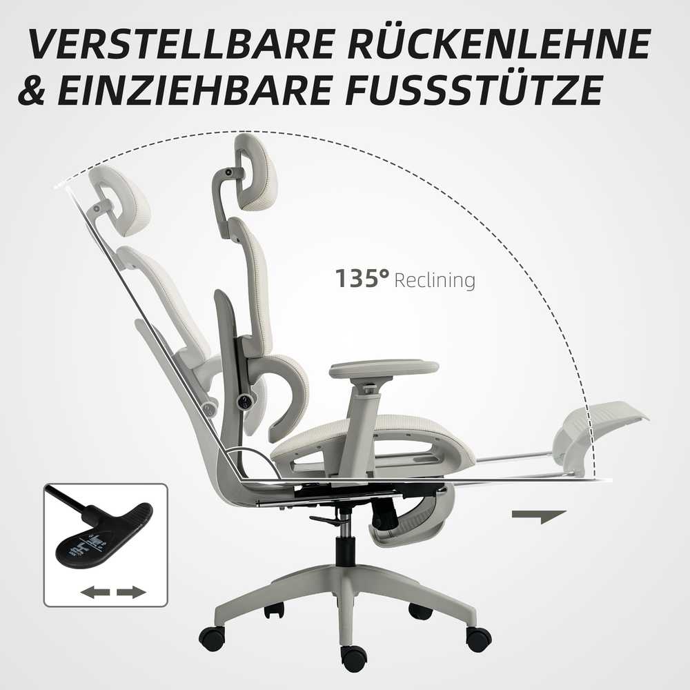 HOMCOM biuro kėdė, ergonomiška darbo kėdė su tinkleliu, reguliuojama, su ratukais, porankiais ir galvos atrama, smėlio spalvos