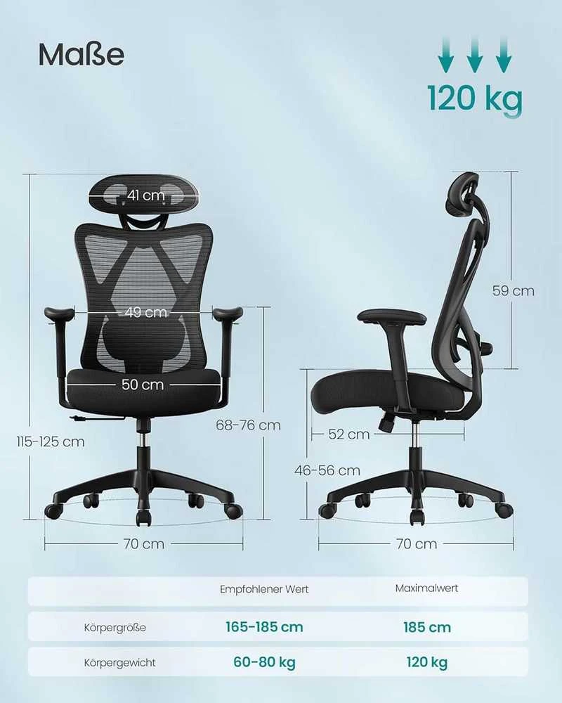 Songmics Biuro kėdė, kurios keliamoji galia iki 150 kg, juoda