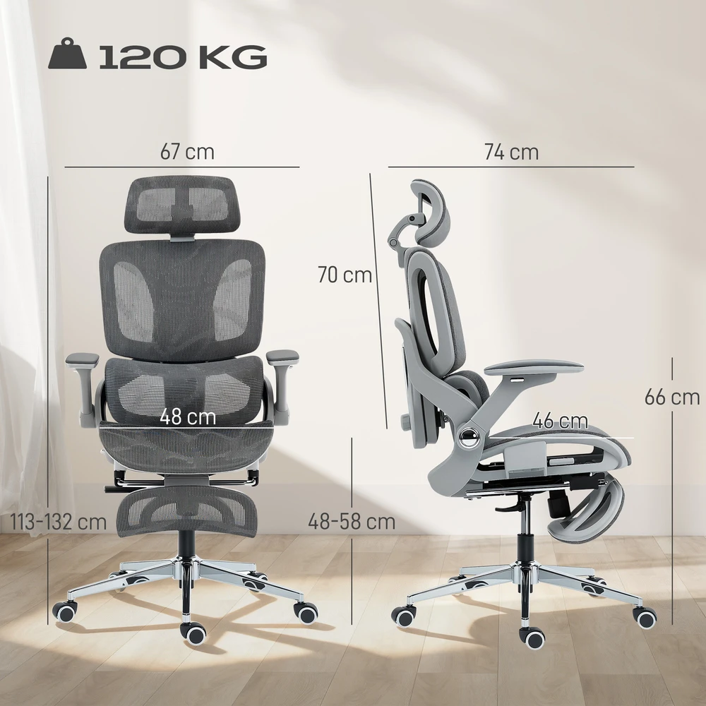 Biuro kėdė su 4D porankiais ir kojų atrama, pilka, 67 x 74 x 113–132 cm