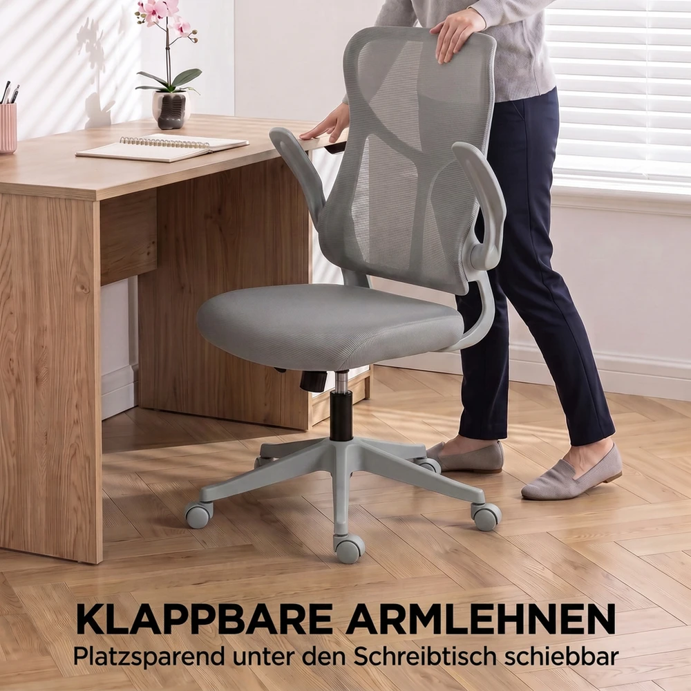 Biuro kėdė su atlenkiamais porankiais ir tinkliniu atlošu, pilka, 64 × 69,5 × 110–120 cm