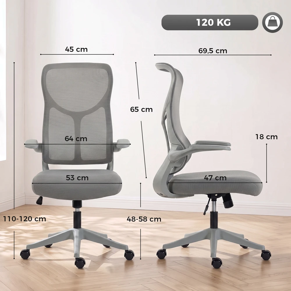 Biuro kėdė su atlenkiamais porankiais ir tinkliniu atlošu, pilka, 64 × 69,5 × 110–120 cm