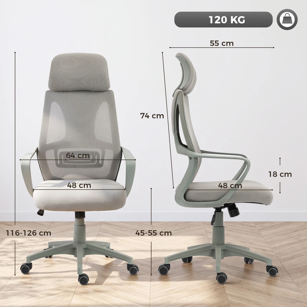 Biuro kėdė su galvos atrama ir supimo funkcija, pilka, 64 x 55 x 116–126 cm