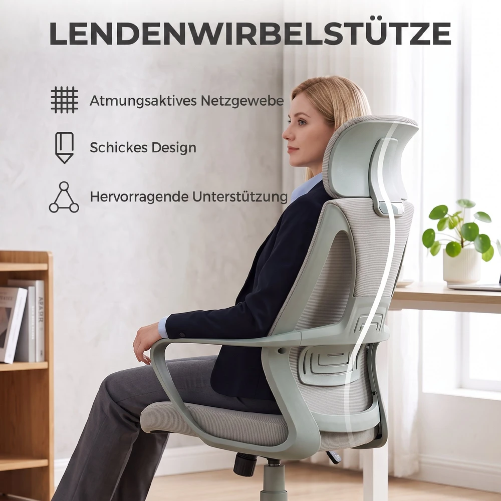 Biuro kėdė su galvos atrama ir supimo funkcija, pilka, 64 x 55 x 116–126 cm